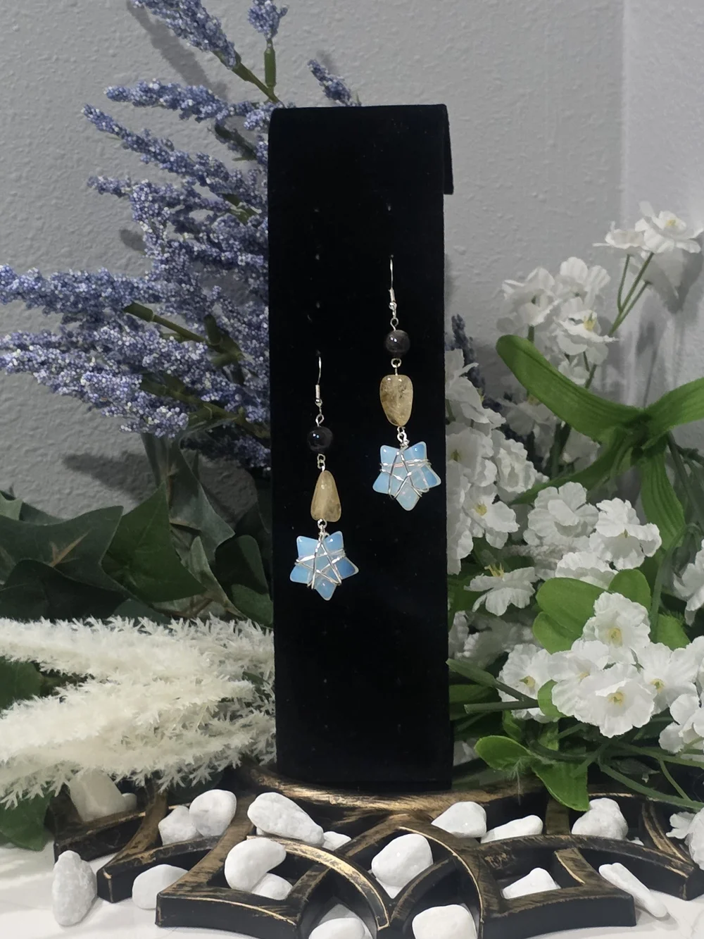 Hand Crafted Blue Opalite Star & Yellow Drop Earrings